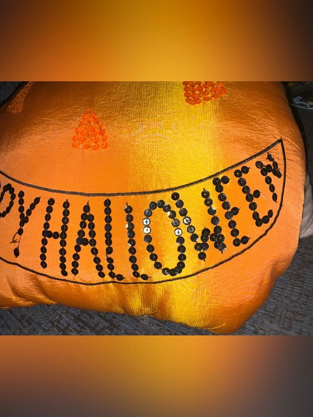 Orange Sequin Pumpkin Holiday Pillow - Happy Halloween 18” x 18”